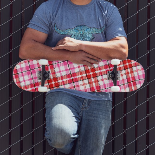 White Red Pink Plaid Tartan Design  Skateboard (Outdoor 3)