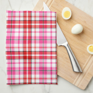 White Red Pink Plaid Tartan Design  Tea Towel