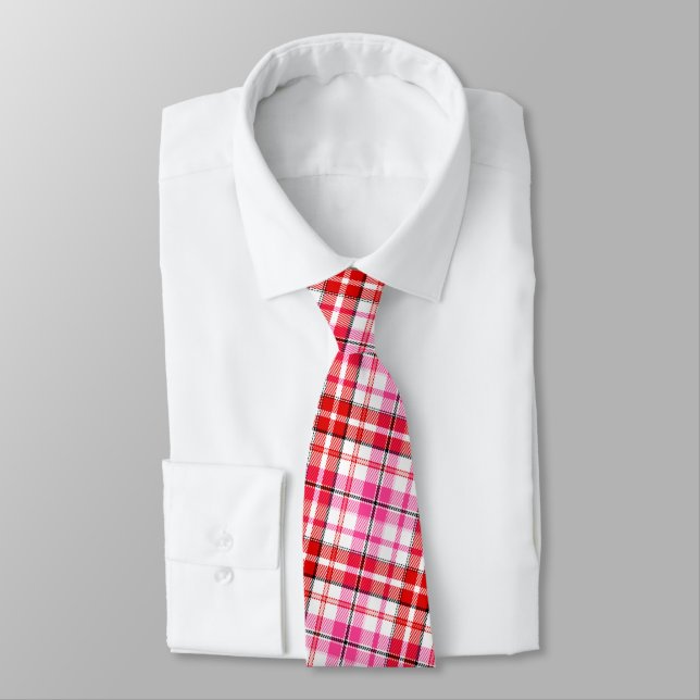 White Red Pink Plaid Tartan Design  Tie (Tied)