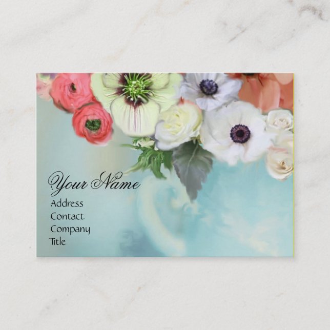 WHITE RED PINK ROSES AND ANEMONE FLOWERS MONOGRAM BUSINESS CARD (Front)