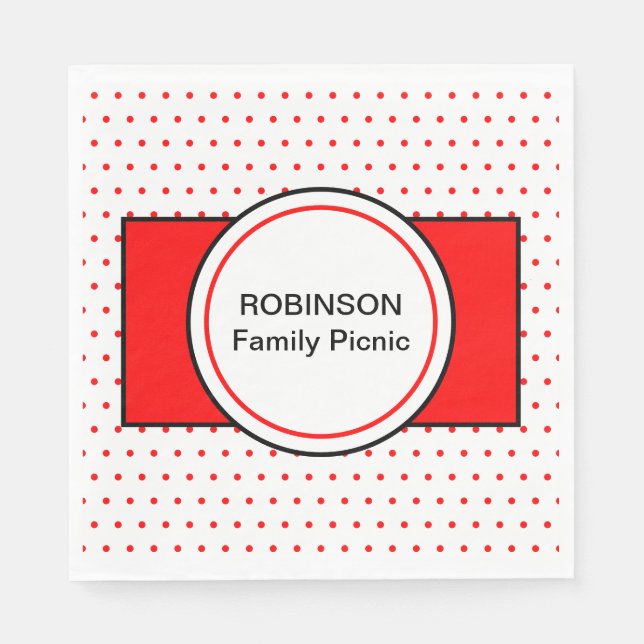 White Red Polka Dots Family Name Picnic Napkin (Front)