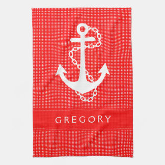 White & Red Polkadot With Nautical Boat Anchor 2 Tea Towel
