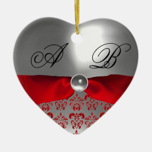 WHITE RED RIBBON DAMASK GEM STONE MONOGRAM CERAMIC TREE DECORATION