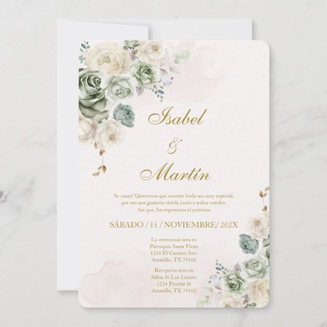 White & Red Rose Elegant Wedding Spanish Invitation (Front)