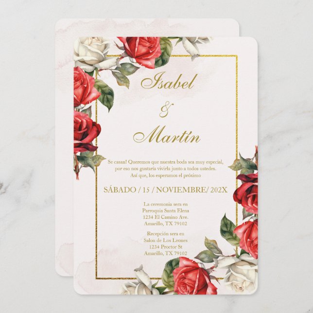 White & Red Rose Elegant Wedding Spanish Invitation (Front/Back)