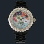 WHITE RED ROSES,BLUE ANEMONE FLOWERS MONOGRAM<br><div class="desc">Elegant floral watch,  red white roses and blue anemones on teal background with printed pink gemstones.</div>