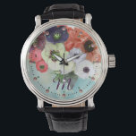 WHITE RED ROSES,BLUE ANEMONE FLOWERS MONOGRAM WATCH<br><div class="desc">Elegant floral watch,  red white roses and blue anemones on teal background with printed pink gemstones.</div>