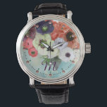 WHITE RED ROSES,BLUE ANEMONE FLOWERS MONOGRAM WATCH<br><div class="desc">Elegant floral watch,  red white roses and blue anemones on teal background with printed pink gemstones.</div>