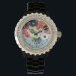 WHITE RED ROSES,BLUE ANEMONE FLOWERS MONOGRAM WATCH<br><div class="desc">Elegant floral watch,  red white roses and blue anemones on teal background with printed pink gemstones.</div>