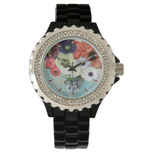 WHITE RED ROSES,BLUE ANEMONE FLOWERS MONOGRAM WATCH