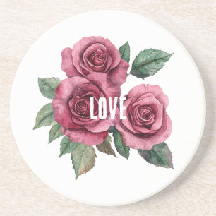 White Red Roses Floral Love Coaster