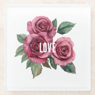 White Red Roses Floral Love Glass Coaster