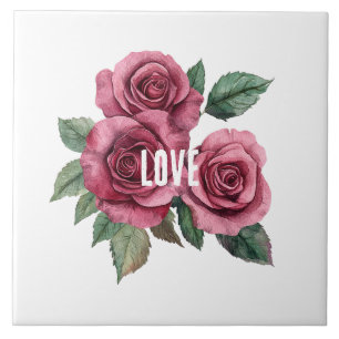 White Red Roses Floral Love Tile