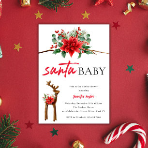 White Red Santa Baby Christmas Themed Baby Shower Invitation
