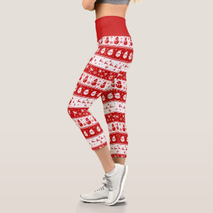 White & Red Santa Face and Snowman Pattern Capri Leggings