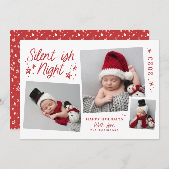 White Red Script Silent-ish Night 3 Photo Collage Holiday Card (Front/Back)