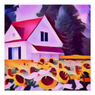 White red snow fairy house in sunflower garden art poster