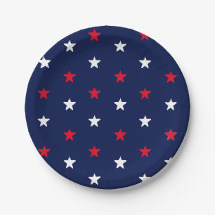 white, red, stars, navy blue pattern paper plate
