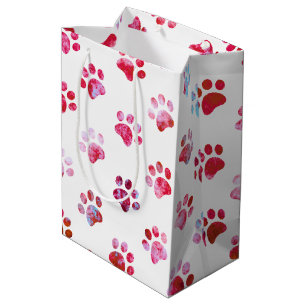 White Red Textured Paw Print Pattern Medium Gift Bag