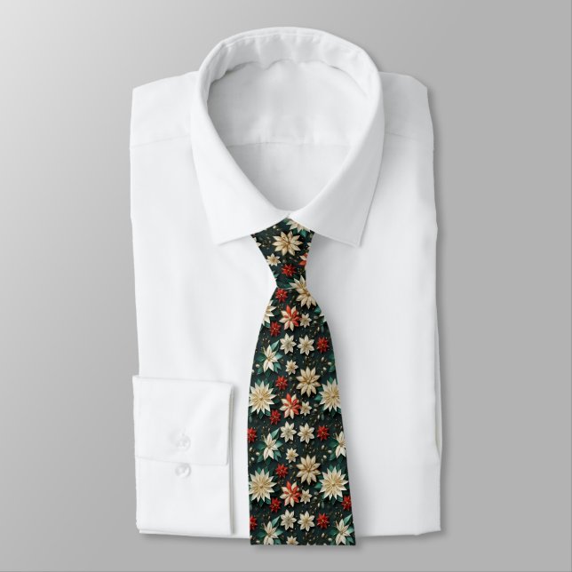 White Red Turquoise Poinsettias Christmas AI Art Tie (Tied)