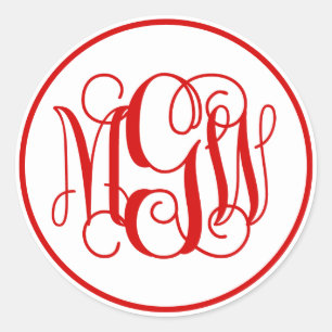 White Red Vine Script Monogram, DIY BG Classic Round Sticker