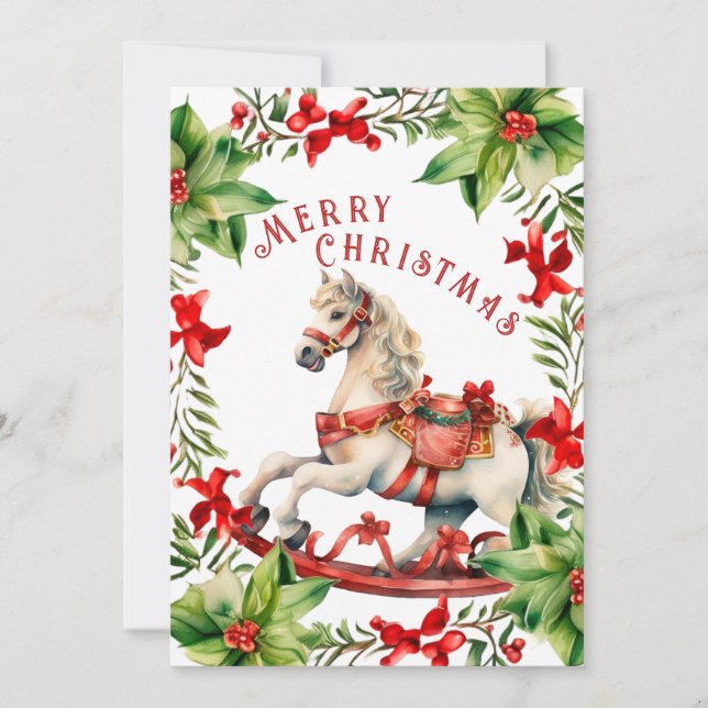 White Red Vintage Rocking Horse Christmas Card (Front)