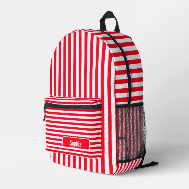White Red Vintage Striped Name Printed Backpack (Back Corner Right)