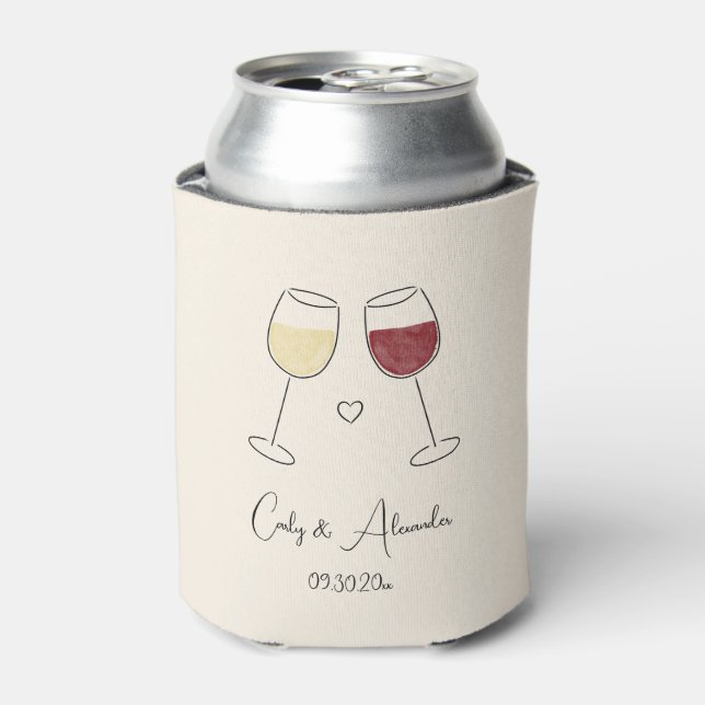 White Red Wine Glass Cheers Wedding Engagement Can Cooler (Can Front)