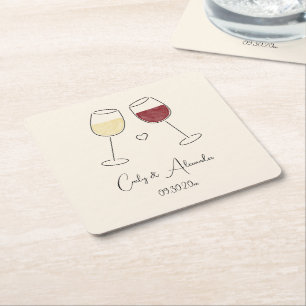 White Red Wine Glass Cheers Wedding Engagement Square Paper Coaster