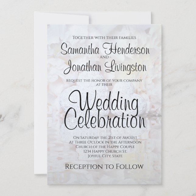 White Reflecting Peony Flowers & Hearts Wedding Invitation (Front)