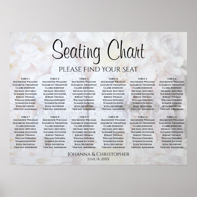 White Reflections 12 Table Wedding Seating Chart (Front)