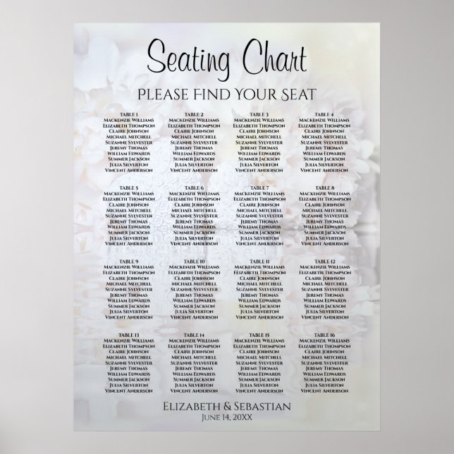 White Reflections 16 Table Wedding Seating Chart (Front)
