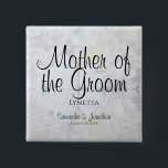 White Reflections Mother of the Groom Nametag 15 Cm Square Badge<br><div class="desc">This beautiful name tag button is perfect for identifying key members of the wedding party at the bridal shower, rehearsal dinner, or wedding reception. Designed as a part of our White Reflections Wedding Suite, it features black text over a background of reflecting white flowers and hearts. The text is fully...</div>