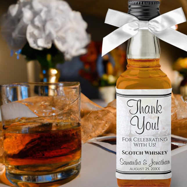 White Reflections Thank You Wedding Mini Liquor Bottle Label (In Situ with Bow)