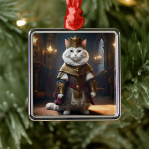 White Regal Cat Dressed In Renaissance Outfit, Metal Tree Decoration