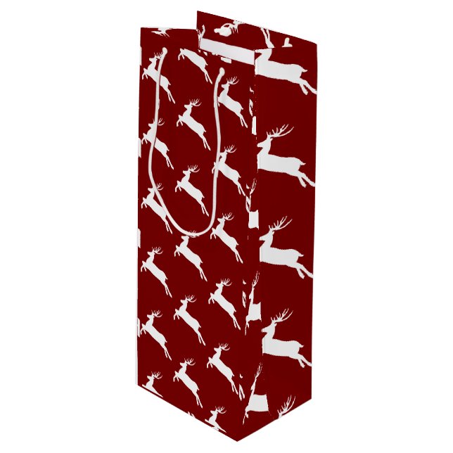 White Reindeer On Red Pattern Wine Gift Bag (Front Angled)