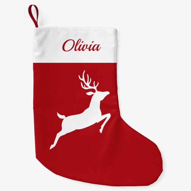 White Reindeer Silhouette On Red And Custom Name Small Christmas Stocking (Front)