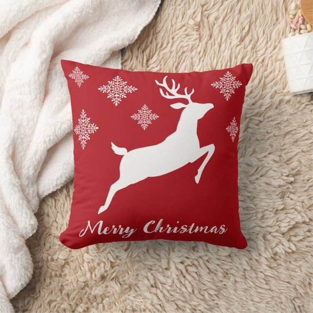White Reindeer Silhouette On Red With Snowflakes Cushion (Blanket)