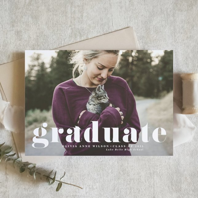 White Retro Bold Typography Photo Graduation Announcement (Customizable photo graduation announcement featuring bold typography. )