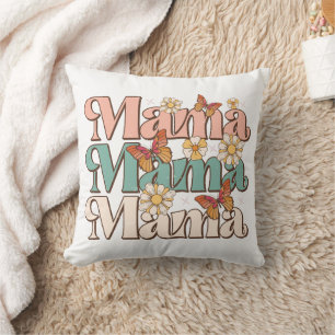 White Retro Floral Butterfly Mama Typography Cushion