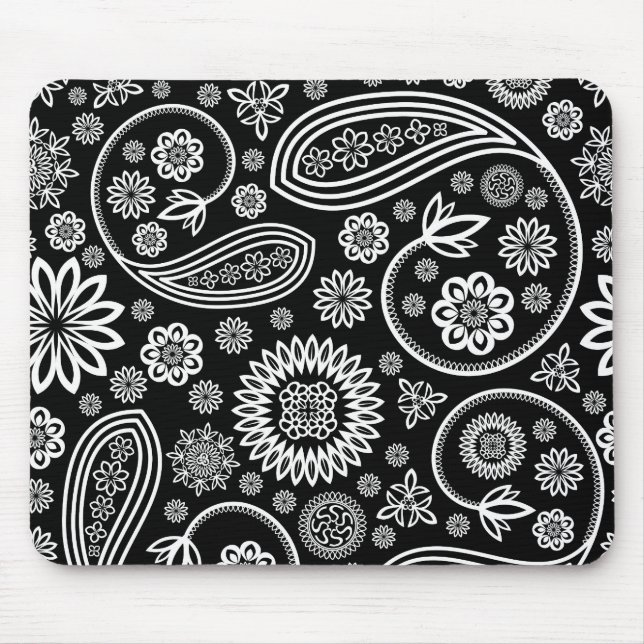 White Retro Floral Design On Black Mouse Pad (Front)