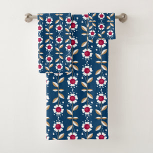 White retro flowers on a dark blue background Bath Towel Set