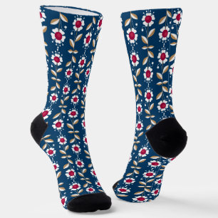 White retro flowers on a dark blue background Socks
