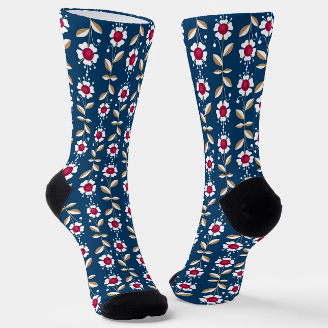  White retro flowers on a dark blue background Socks (Angled)