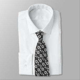 White retro flowers on a dark blue background Tie