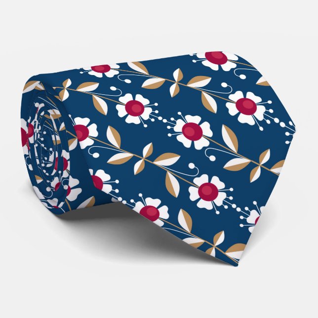 White retro flowers on a dark blue background Tie (Rolled)