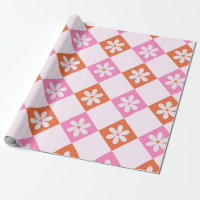 White Retro Flowers on Orange and Pink Diamonds 