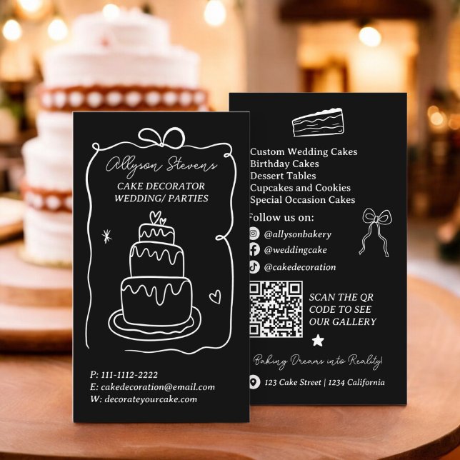 White Retro French Scribble cake decorator qr code Business Card (White Retro French Scribble cake decorator qr code Business Card)