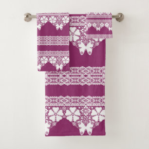White Retro Lace  butterflies Burgundy Bath Towel Set