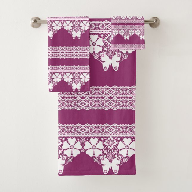 White Retro Lace  butterflies Burgundy Bath Towel Set (Insitu)